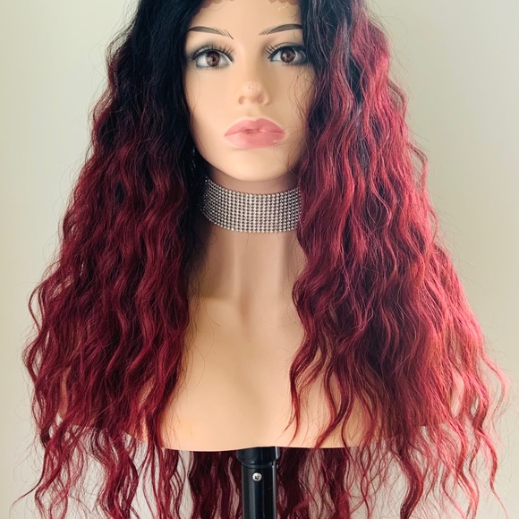 26” Ombre Burgundy Premium Synthetic Fiber Lace Front Wig - Picture 2 of 13